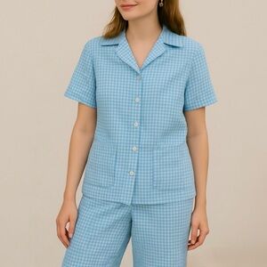 Vintage 70s Matching Two-Piece Pant Set Size Small Blue Gingham Checker Retro